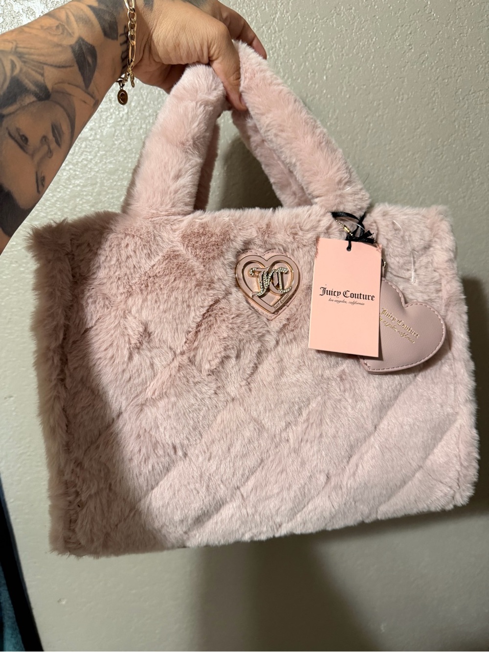 Juicy Couture Light Blush Pink Faux Fur Tote with Heart Charm